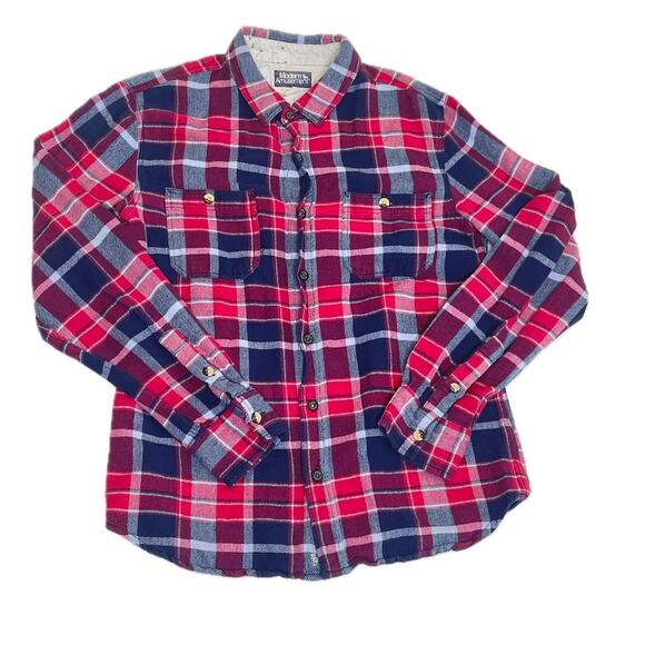Vintage Modern Amusement Mens Flannel Button Down Plaid Shirt 100% Cotton Medium - Picture 1 of 10